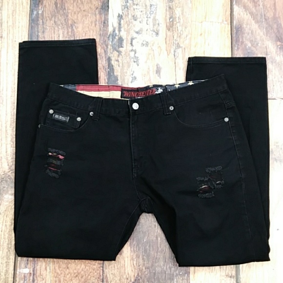 Winchester Distressed Black Denim Jeans Embroidered Horse and Rider Size 38/32 - Picture 3 of 8